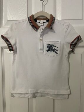 Burberry White Polo with Tan & Black Striped Collar and Navy Pocket Motif